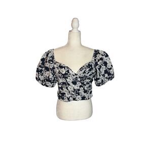 J. Crew navy floral, cropped puffy sleeve blouse - L